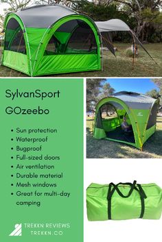 a green tent with the words syvansport gozebo on it and an image of