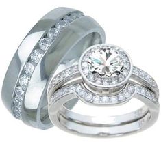 two wedding rings with diamonds on each one and an engagement ring in the other side