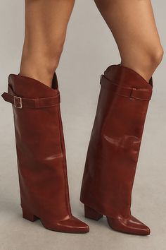 Exclusively at Anthropologie Leather upper, insole Rubber sole Pull-on styling Imported | x Anthropologie Buckle Foldover Boots by Matisse in Red, Women's, Size: 7, Leather/Rubber Faux Leather Knee-high Boots With Buckle And Round Toe, Faux Leather Heeled Boots With Buckle Closure, Winter Heeled Boots With Buckle Closure, Faux Leather Heeled Boots With Buckle And Pointed Toe, Fall Leather Boots With Heel Loop, Leather Boots With Heel Loop For Fall, Faux Leather Pointed Toe Heeled Boots With Buckle, Brown Wide Calf Heeled Boots With Buckle Closure, Brown Wide Calf Heeled Boots With Buckle