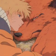 an anime character with blonde hair hugging a red fox's head in front of him