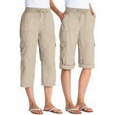 Versatile design: easily convert from capris to Bermuda shorts with the roll-up button tab, offering two stylish options in one. Light and breathable: crafted from airy cotton, ideal for staying cool and comfortable in warmer weather. Ample storage: features cute cargo pockets, along with side pockets and back patch pockets, perfect for holding essentials without adding bulk. Perfect fit: elastic waistband with adjustable drawstring ensures a customizable and comfortable fit every time. Sits at Elastic Jeans, Printed Palazzo Pants, Tapered Joggers, Plus Size Petite, Dress Slacks, Woman Within, Stretch Chinos, Straight Trousers, Slim Fit Pants