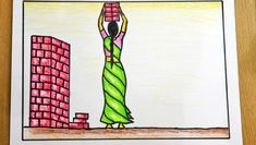 a drawing of a woman standing on top of a building with her arms in the air