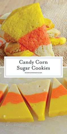 candy corn sugar cookies with orange and yellow frosting on them, sitting on a table