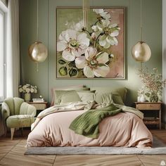 a bedroom with green walls and white flowers on the painting above the bed, along with two chairs