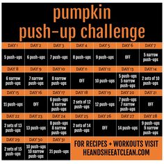 the pumpkin push - up challenge is shown in orange and black, with instructions on how to