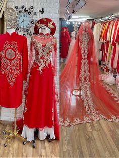 Beautiful traditional Vietnamese Ao Dai made to fit your measurements! Style 1: red with gold lace and beadings and train (video: https://www.pinterest.com/pin/602497256406779761/) Style 2: red with gold lace and train Style 3: red with gold lace and beadings - veil available at extra cost Style 4: red with red lace and beadings and train Optional head piece at extra cost: please message us with a style you want - Price include pants for the lady's Ao dai The dress will need 2-3 weeks to be made Luxury Red Sets For Traditional Ceremonies, Traditional Red Gown For Marriage, Red Embroidered Ceremonial Gown, Wedding Dresses With Gold Embroidery In Red, Red Wedding Dresses With Gold Embroidery, Red Wedding Set With Gold Embroidery, Red Wedding Sets With Gold Embroidery, Red Wedding Gown With Long Train, Viet Wedding