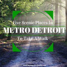 a dirt road with trees and the words five scenic places in metro detroit to take a walk