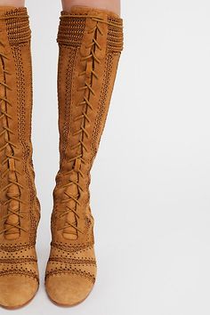 Tall suede lace-up boots pieced with macramé detailing. * Rounded toe* Block heel* Exposed back zip closure Women's Lace Up Boots, Free People Boots, Free People Shoes, Suede Lace, Boots Knee, Fall Shoes, Tall Boots, Boho Clothing