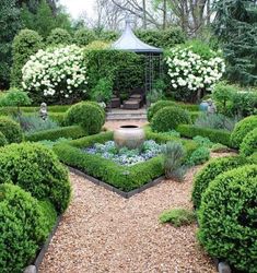 a garden with lots of green bushes and white flowers in the center, surrounded by gravel