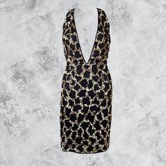 Allover Animal Print Hand Embellished Black/Gold Sequin Detail Throughout Black Beaded Trim With Mesh Detail At Hem Hook And Eye Closure At Back Neck Hidden Zip Closure Deep V Neckline Fully Lined Inner Tags Removed Never Worn, New Retail $388 Yes We Bundle! We Cannot Advise On Sizing Or Fit, Thank You Michael Costello Revolve Retrofete Animal Print Formal Dress, Print Formal Dress, Michael Costello, Revolve Dresses, Gold Sequin Dress, Beaded Trim, Gold Sequin, Gold Dress, Black Beads