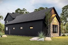 this is an artist's rendering of a black barn style home in the country