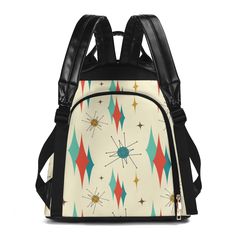 Add a touch of quirky nostalgia to your travels with our Mid Century Atomic Cat Franciscan Design Daypack. This unique backpack features anti-theft technology and a comfortable, sturdy design perfect for all your adventures. (Meow-velous for cat lovers!) Upgrade your travel experience with all over printing for this Casual Travel PU Daypack Anti-theft Backpack, crafted from durable PU leather for security and style. Featuring multiple compartments, including inside and outside pockets, and adjus Atomic Cat, Retro Phone Case, Modern Blankets, Unique Backpacks, Retro Phone, Anti Theft Backpack, Travel Daypack, Modern Dog, Mid Mod