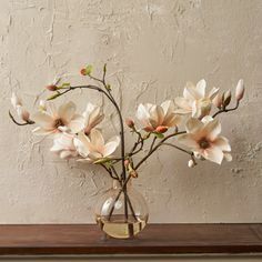 a vase filled with white flowers on top of a wooden table next to a wall