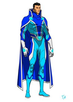 a drawing of a man in a blue suit and cape standing with his hands on his hips