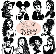 black and white silhouettes of women with long braids on their heads, in different styles