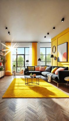 a living room with yellow walls and wood flooring is pictured in this rendering image