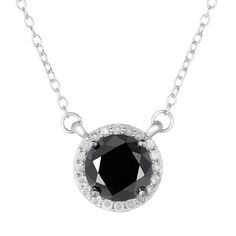 "NECKLACE DETAILS Length: 18 in. Clasp: spring-ring Metal: rhodium-plated sterling silver DIAMOND DETAILS Total weight: 2 ct. Center stone weight: 1 3/4 ct. Color: black, white Color grade: I-J Clarity: I2-I3 Setting: prong Image(s) may be enlarged to show detail.Diamond weights are approximate. Diamond total weights may vary between .01 and .08 ct. Some diamonds have fewer than 17 facets. Size: 18"". Gender: female. Age Group: adult." Halo Necklace, Halo Design, Stunning Necklace, 2 Carat, Silver Diamonds, Sterling Silver Necklace, Halo Diamond, Metal Rings, Spring Rings