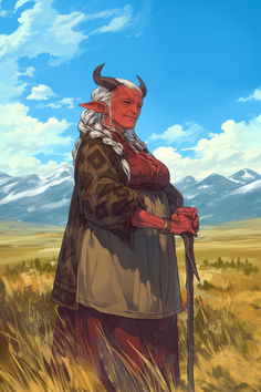 an old man standing in the middle of a field holding a stick with horns on his head