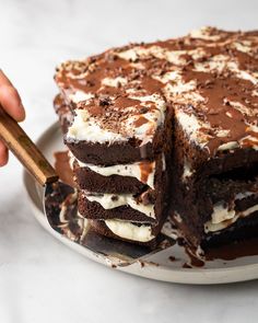 someone is cutting into a chocolate cake with white frosting