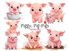 piggy, pig pigs clipart set for commercial use in adobe and png formats