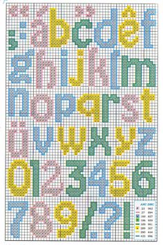 a cross stitch pattern with the letters and numbers for each letter, in different colors