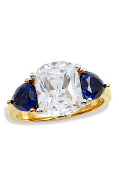 Two vibrant trillion cut stones flank an emerald cubic zirconia stone to complete this classic look. 18k Gold Sterling Silver. 3 Stone Rings, Cz Ring, Cz Stone, Free Jewelry, Stone Rings, Gold Vermeil, Sapphire Ring, Blue Sapphire, Statement Rings