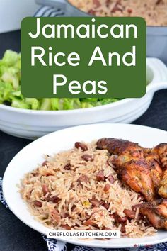 This picture shows rice and peas in a white plate with chicken pieces in the same place Rice And Peas Jamaican, Jamaican Rice And Peas, Jamaican Rice, Nigeria Food, Amazing Meals, Jamaican Dishes, One Pot Dinners