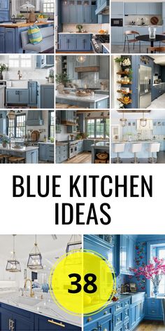 blue kitchen cabinets with the words blue kitchen ideas in front of them and below it