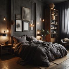 a large bed sitting in a bedroom next to a wooden floor covered in pillows and blankets