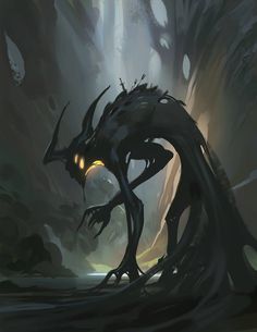 an image of a creature with glowing eyes in the dark forest, looking like it's coming out of a cave