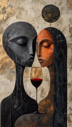 an abstract painting with two women and a glass of wine