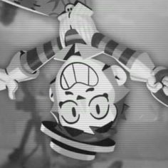 a black and white photo of a cartoon character