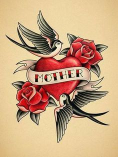 an old school tattoo design with roses and two doves on the side of a heart