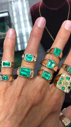 A hand full green GOODNESS🥒🔋 Father’s Day is coming up and it’s not to late for a gift 🎁 We include free express 1 day shipping, ring sizing and certification of appraisal. Which one would you wear 🤔? #emerald #emeralds #emeraldring #ring #rings #threestone #emeraldrings #threestonering #victorianring #womensring #gypsyrings #unisexrings #mensrings #mensband#emeraldcutengagementring #colombianemerald #colombianemeralds #emeraldcut #muzoemerald #muzoemeralds #fathersday Gold Mens Rings, Emerald Ring Design, Mens Emerald Rings, Stone Ring Design, Colombian Emerald Ring, Mens Ring Designs, Jewelry Knowledge, Black Beads Mangalsutra Design, Mens Gemstone Rings