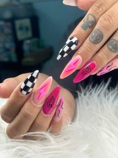 Nails, fun nails , pink nails, checkernails Fire And Checker Nails, Race Themed Nails, Checkerboard Nail Designs, Hot Pink Checkered Nails, Pink 8 Ball Nails, Drippy Smiley Face Nails, 1995 Nails, Coffin Vacation Nails, Racer Nails