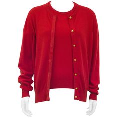 Early 1990s Gucci red cashmere twin set. Cardigan with a monochromatic red suede trim and small gold Gucci logo buttons. Matching short sleeve top. Can be worn together or separately. Both taper at hips with ribbed waistband. Gorgeous Italian cashmere. Excellent vintage condition. Fits like a US 6/8. Cardigan: Sleeve 25" Shoulder 17.5" Bust 44" Waist 36" Hips 28" Length 26" Top: Sleeve 9" Shoulder 20" Bust 36" Waist 34" Hips 28" Length 23&qu Luxury Gucci Winter Top, Gucci Luxury Tops For Winter, Luxury Gucci Tops For Winter, Elegant Gucci Top With Button Closure, Gucci Long Sleeve Top With Button Closure, Elegant Gucci Tops With Button Closure, Fitted Gucci Tops With Button Closure, Fitted Gucci Top With Button Closure, Twin Set Sweater