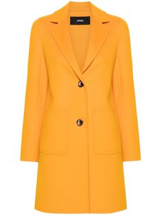 dark yellow wool felted finish notched lapels long sleeves two front patch pockets inside-out effect seams mid-length unlined straight hem front button fastening