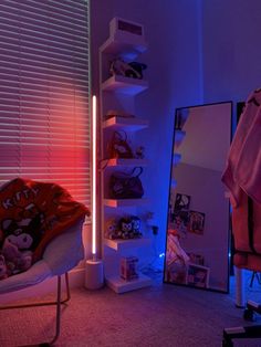 the room is lit up with blue and red lights, while there are teddy bears on the shelf