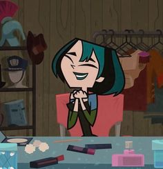 an animated woman sitting at a table in front of a shelf filled with clothes and other items