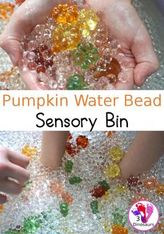 a bunch of gummy bears that are being held in their hands with the words pumpkin water bead sensory bin