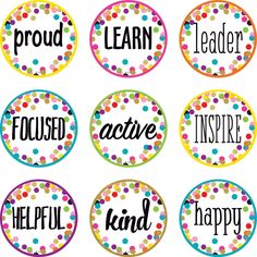 colorful polka dot circles with words that say happy, learn, inspire and be kind