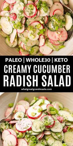 a salad with radishes and cucumbers in it