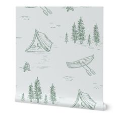 a wallpaper with green and white camping related items on it, including a tent