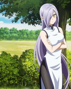 an anime character with long purple hair standing in front of a tree and looking at the camera