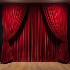 an empty stage with red curtains and wooden floors