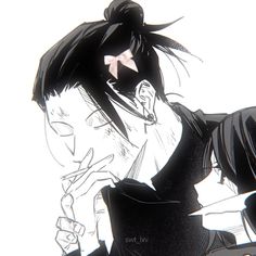 an anime character with long black hair holding a knife and looking at something in his hand