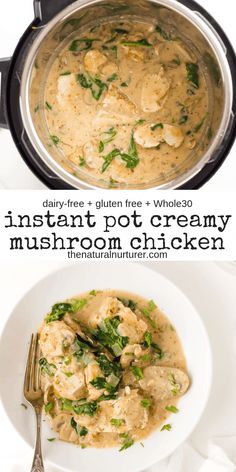 an instant pot creamy mushroom chicken recipe is shown in this collage with text overlay