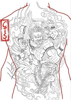 a drawing of a man's back with tattoos on his chest and the words, dragon