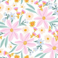 a floral pattern with pink, yellow and white flowers on a white background that is seamless