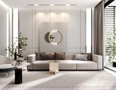 a modern living room with white walls and beige carpeted flooring, large circular mirror on the wall